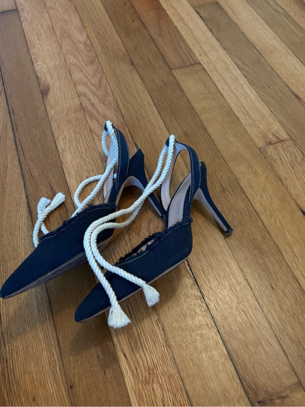 J. Crew Navy Pointed Slingback Heels with White Rope Ties - Picture 2 of 6